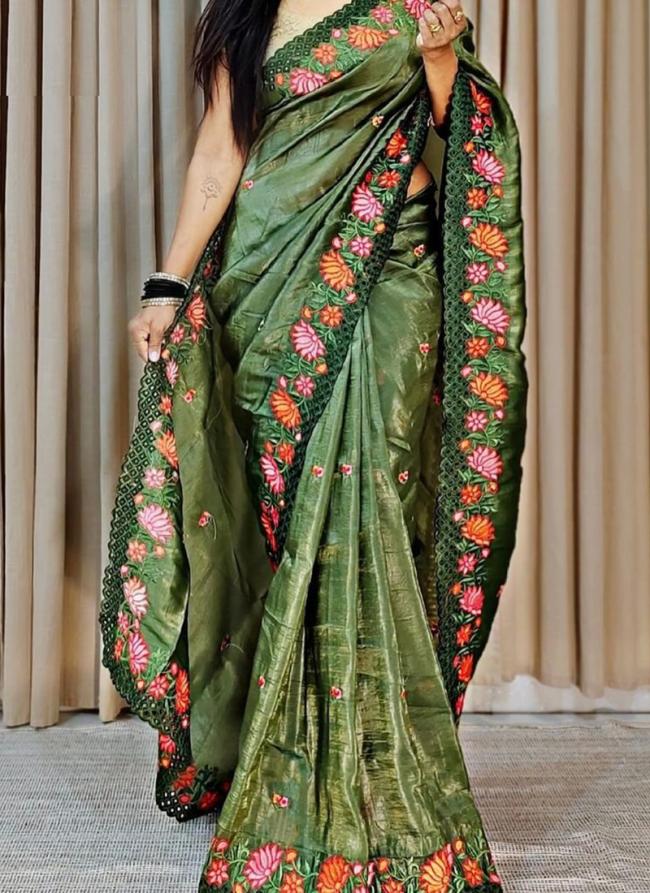 Pure Gold Crush Green Traditional Wear Embroidery Work Saree